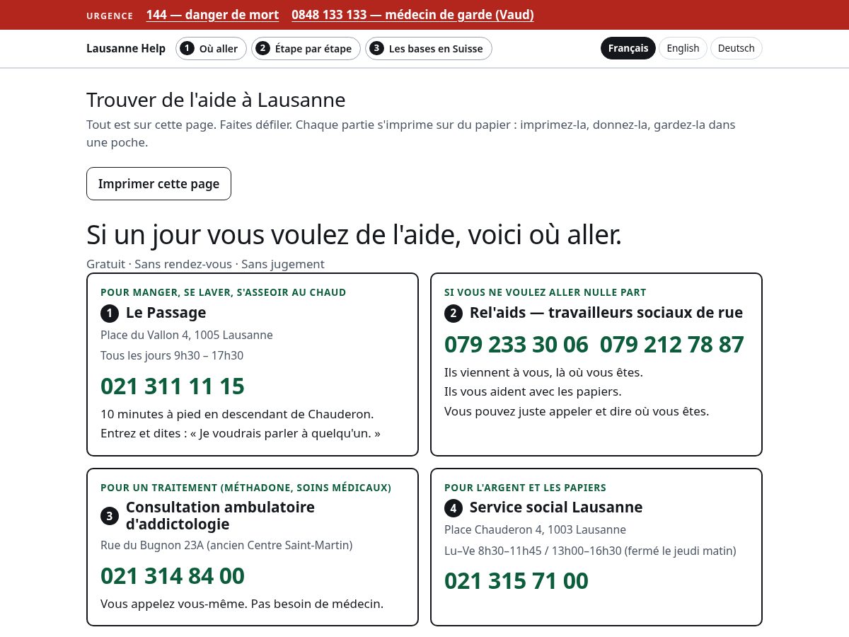 Landing-page snapshot of lausanne-addiction-homeless.com