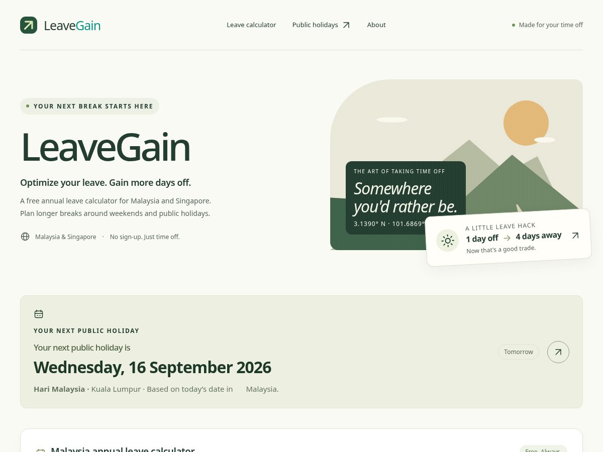 Landing-page snapshot of leavegain.com