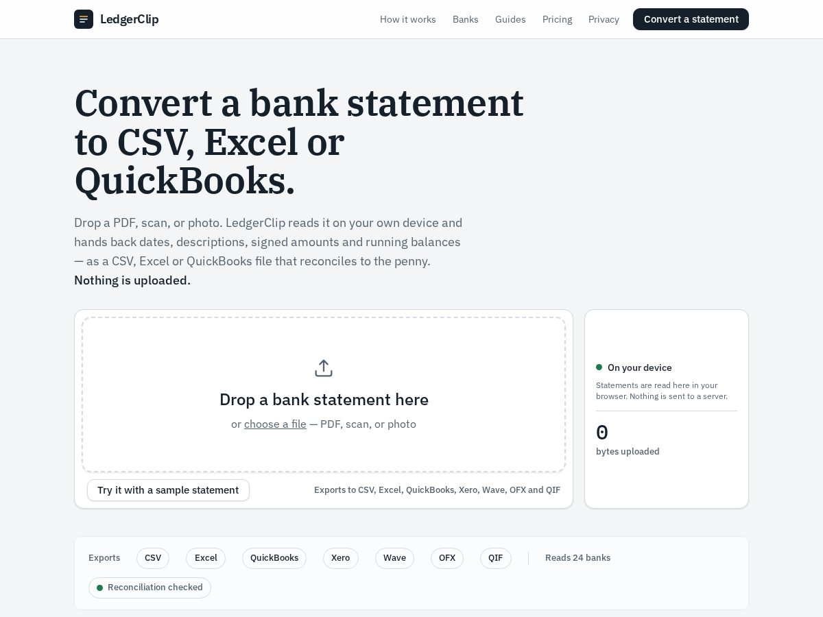 Landing-page snapshot of ledgerclip.com