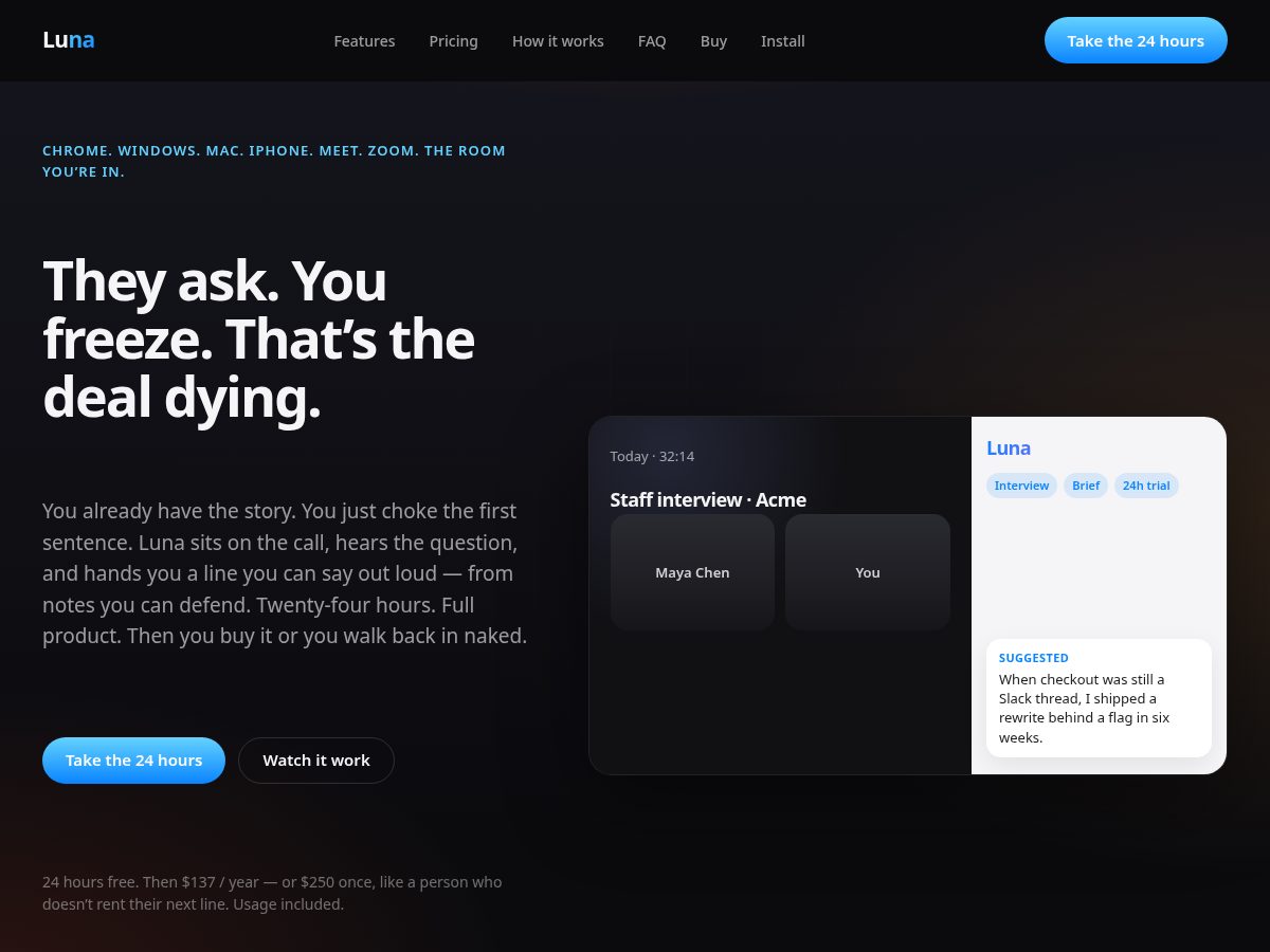 Landing-page snapshot of lunainterview.xyz