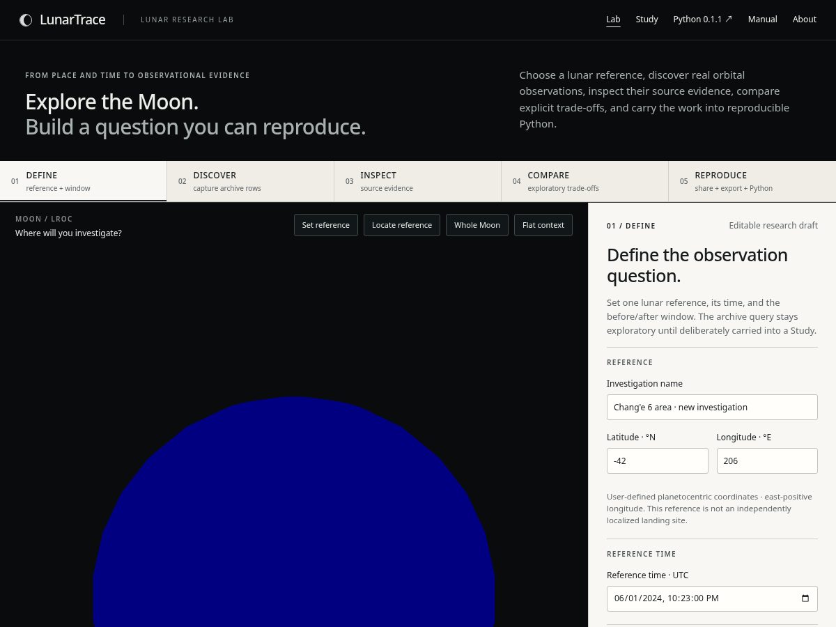 Landing-page snapshot of lunartrace.org