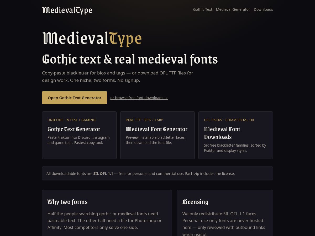 Landing-page snapshot of medievaltype.com