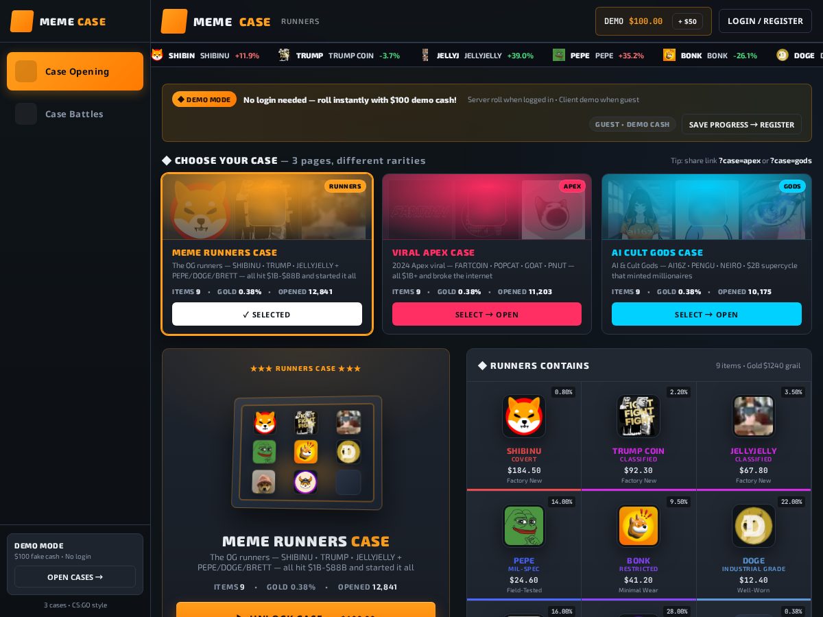 Landing-page snapshot of memecases.fun