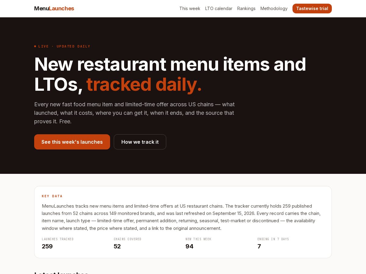 Landing-page snapshot of menulaunches.com