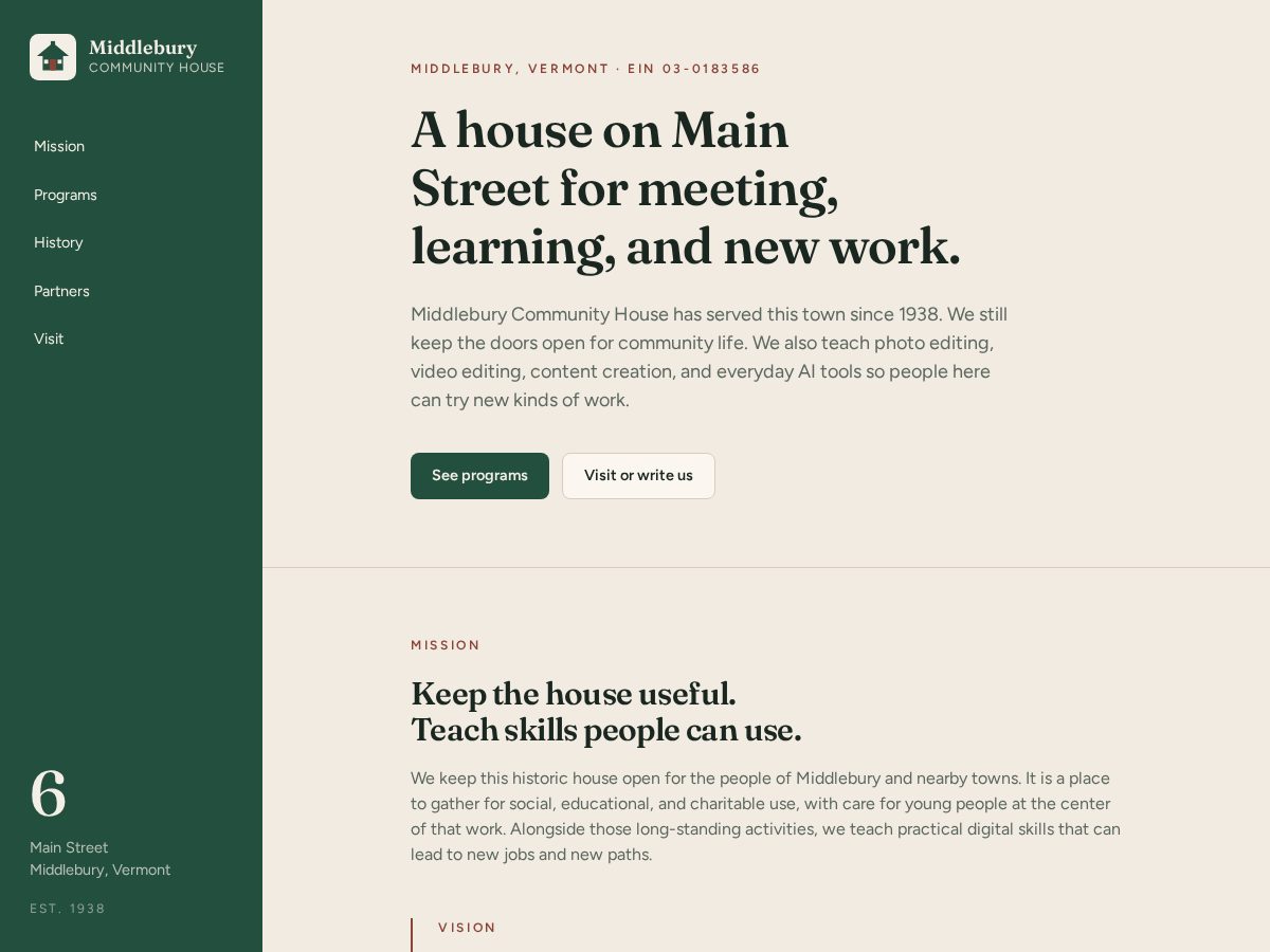 Landing-page snapshot of middleburycommunityhouse.org