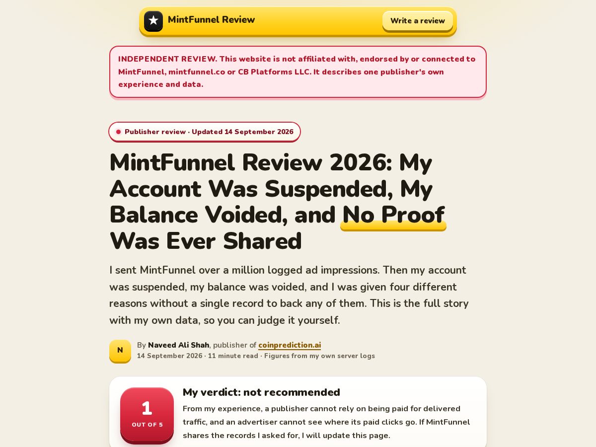 Landing-page snapshot of mintfunnelreview.com