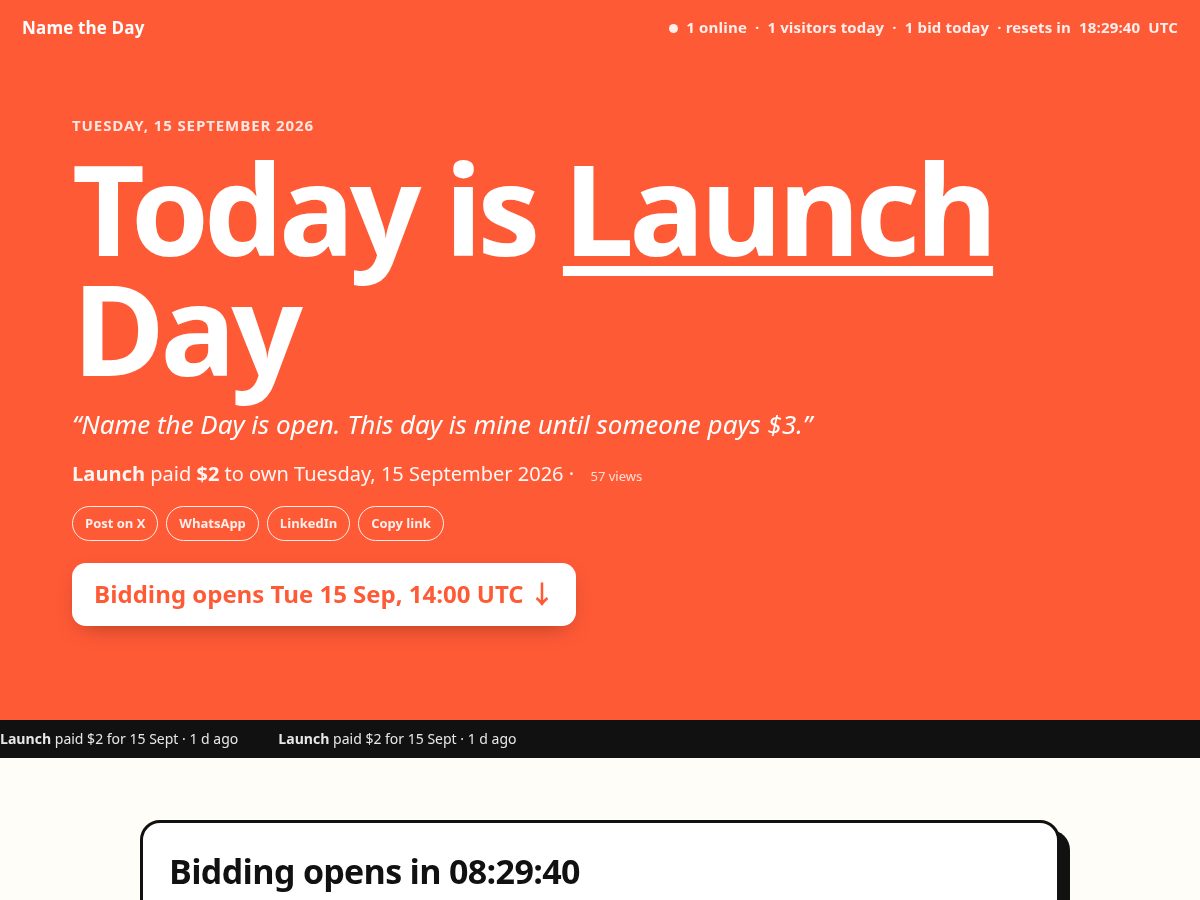 Landing-page snapshot of nametheday.lol