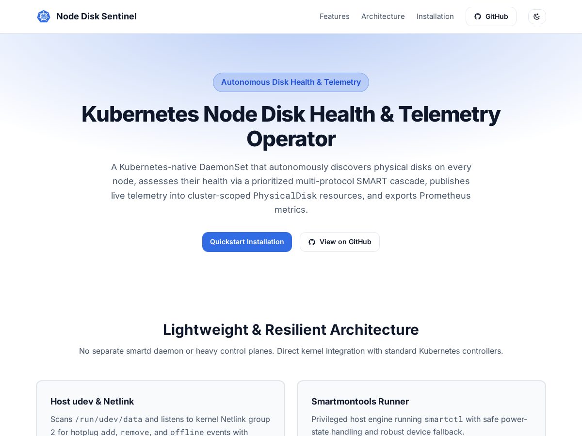 Landing-page snapshot of node-disk-sentinel.org