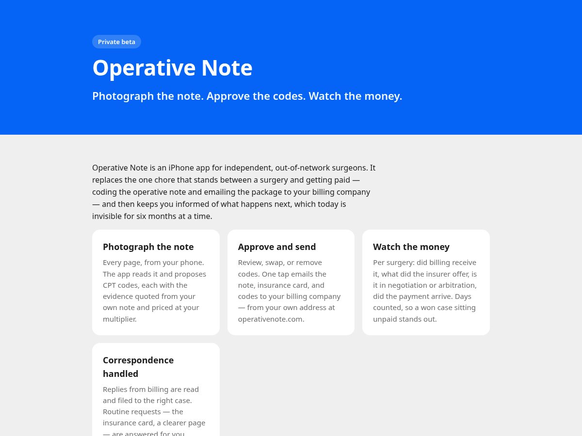 Landing-page snapshot of operativenote.com
