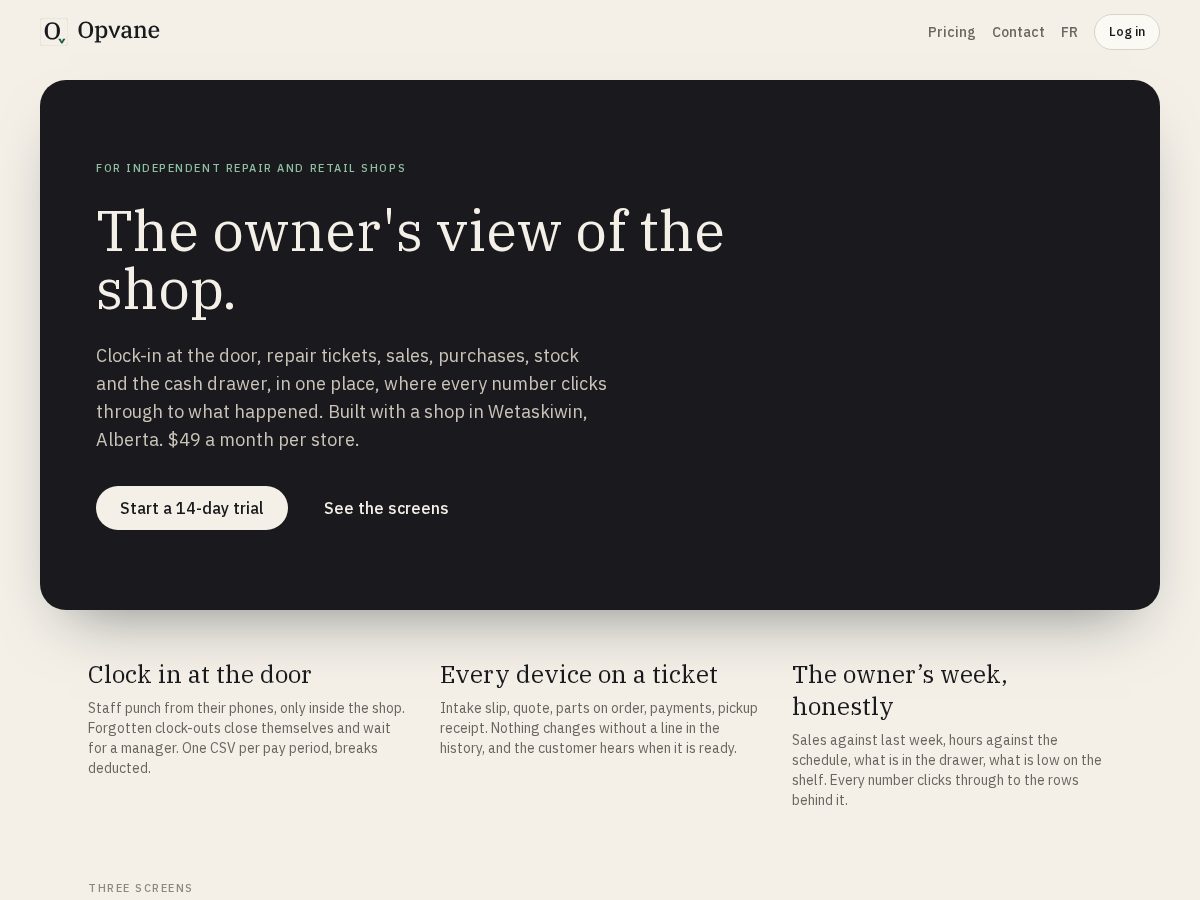 Landing-page snapshot of opvane.com
