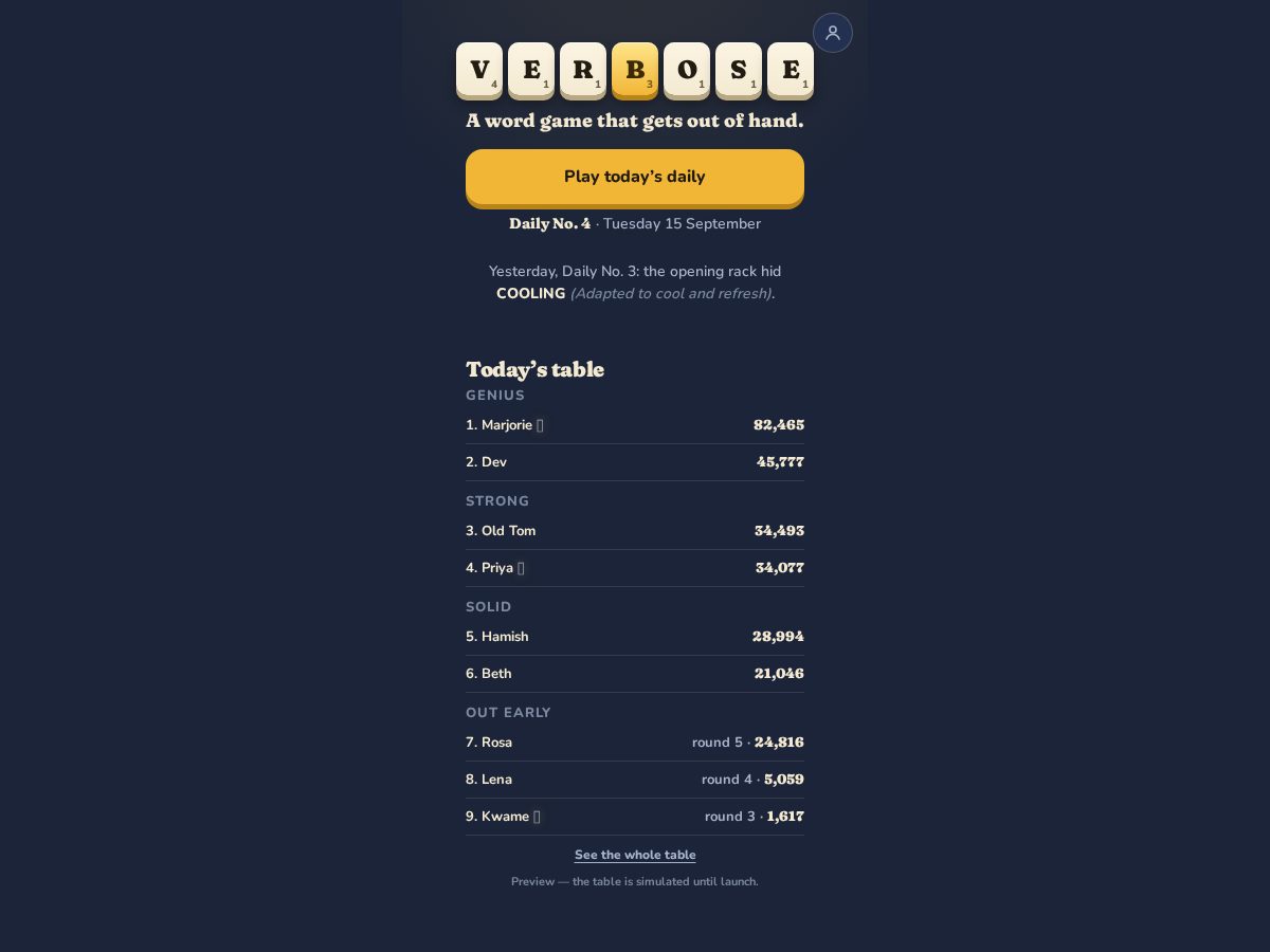 Landing-page snapshot of playverbose.com