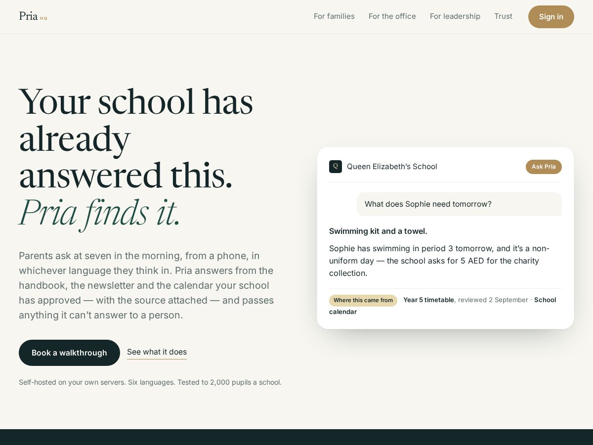 Landing-page snapshot of priahq.com