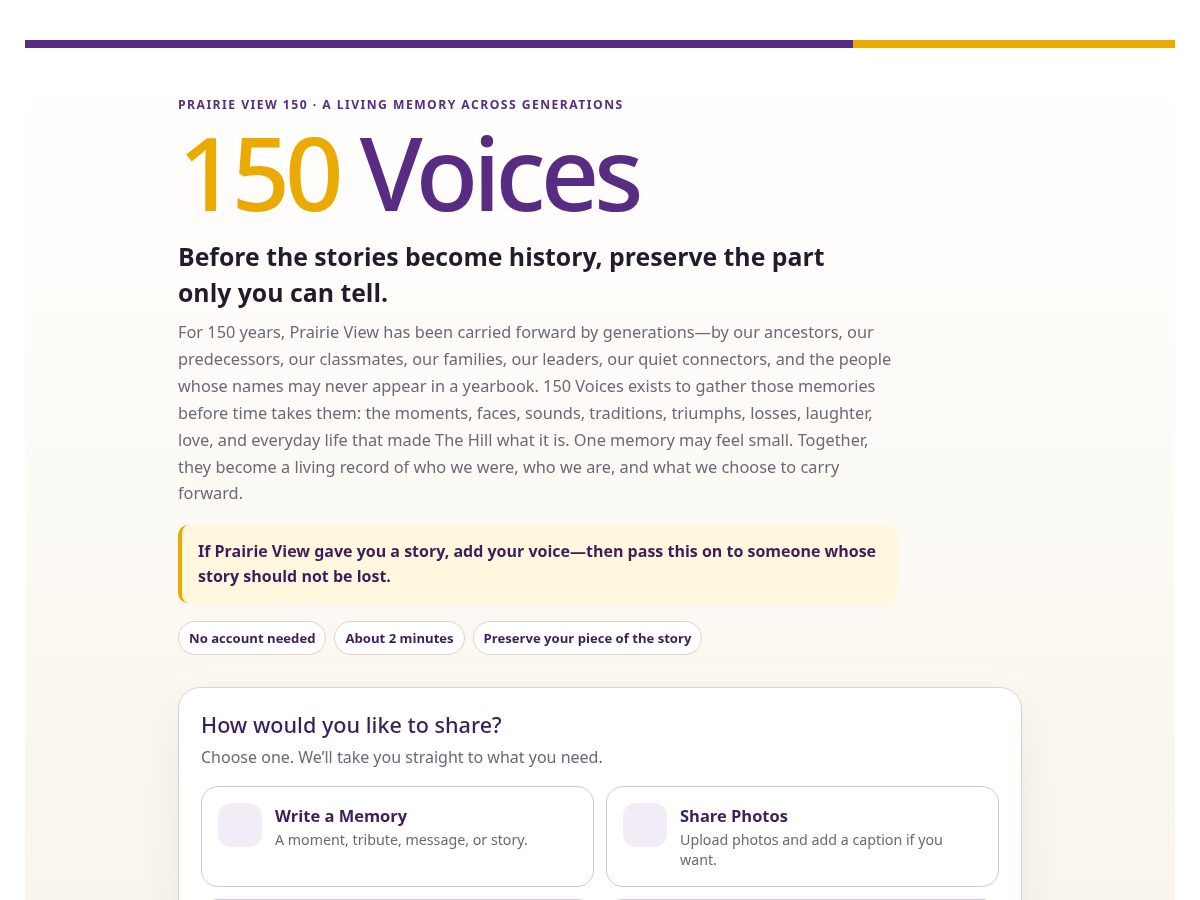 Landing-page snapshot of pv150voices.com
