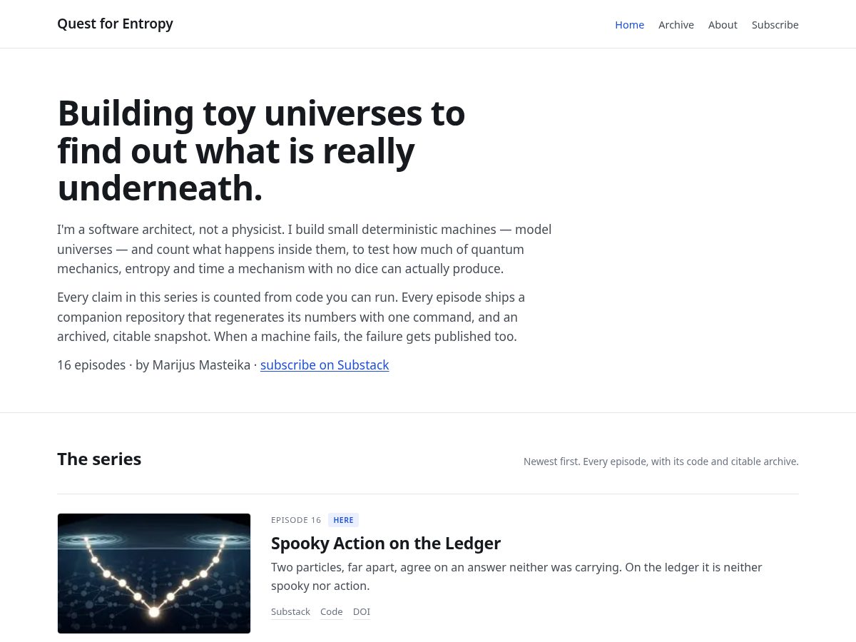 Landing-page snapshot of questforentropy.com