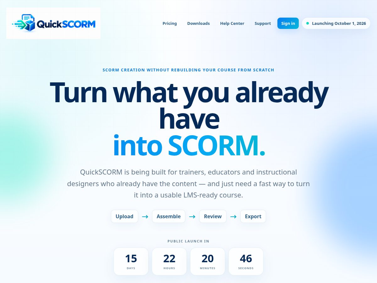 Landing-page snapshot of quickscorm.com