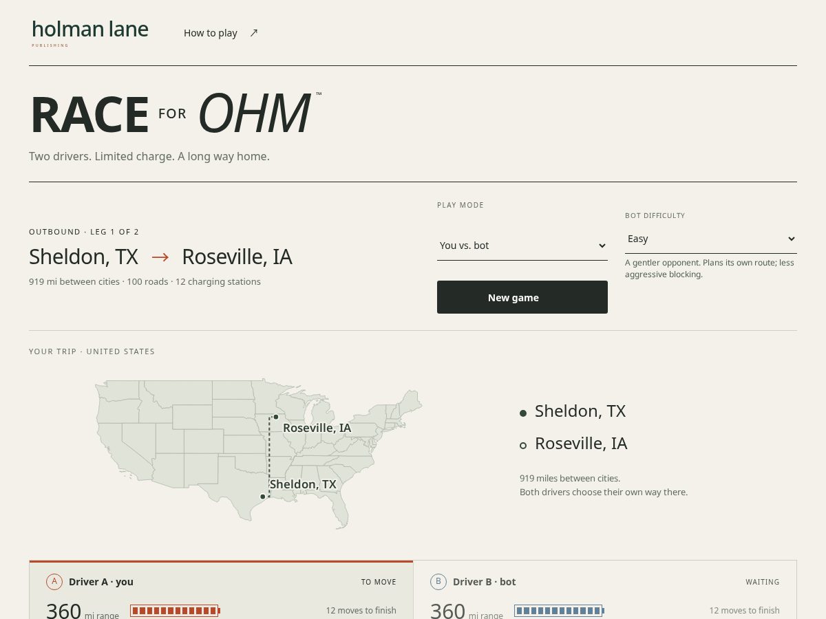 Landing-page snapshot of raceforohm.com