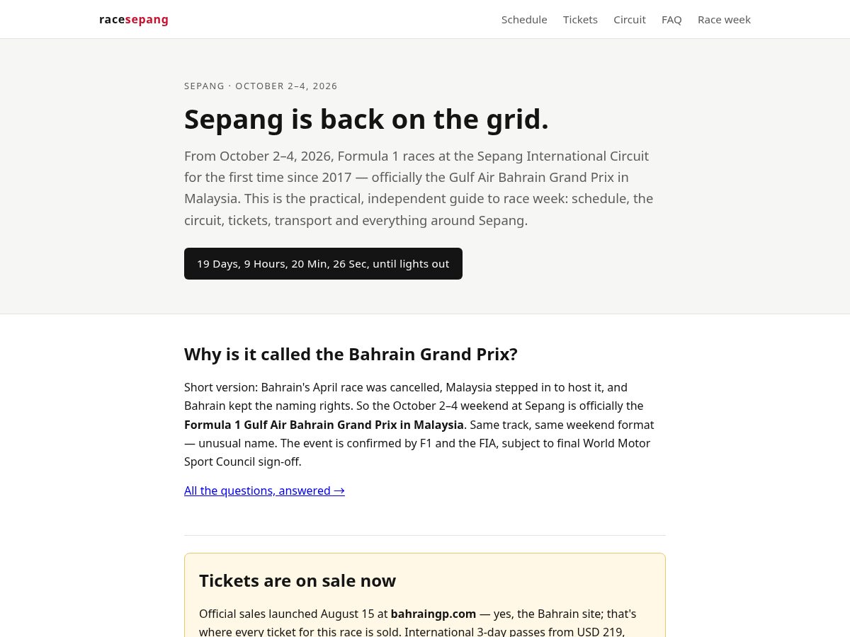 Landing-page snapshot of racesepang.com