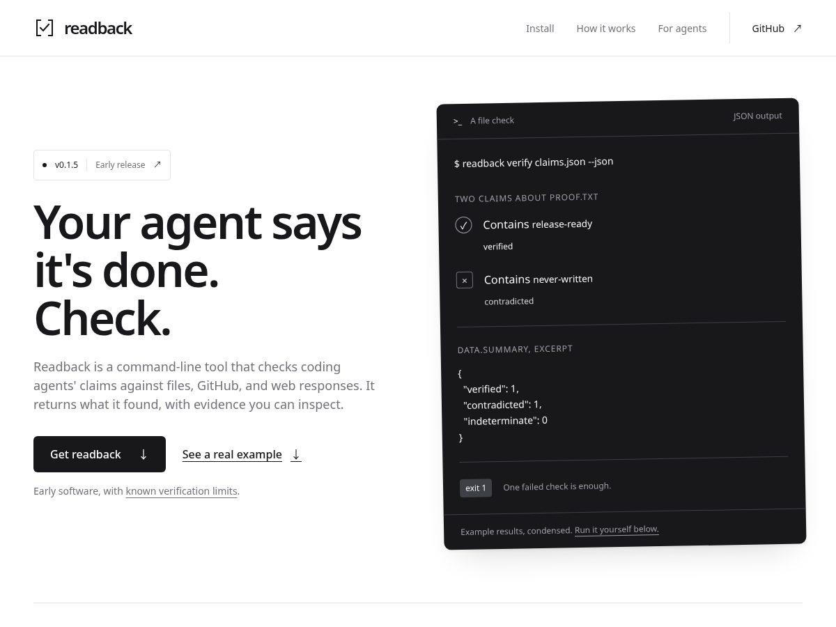 Landing-page snapshot of readbackcli.dev