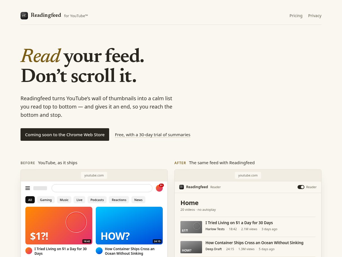 Landing-page snapshot of readingfeed.app