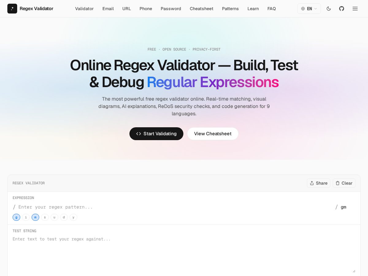 Landing-page snapshot of regexvalidator.com