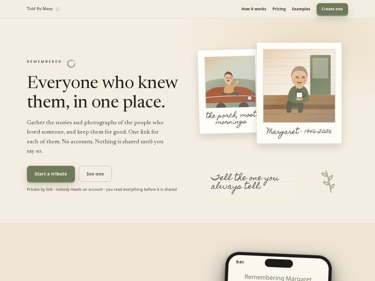 Landing-page snapshot of rememberedbymany.com