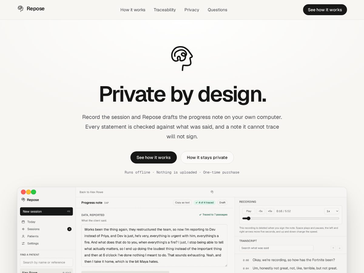 Landing-page snapshot of repose.work