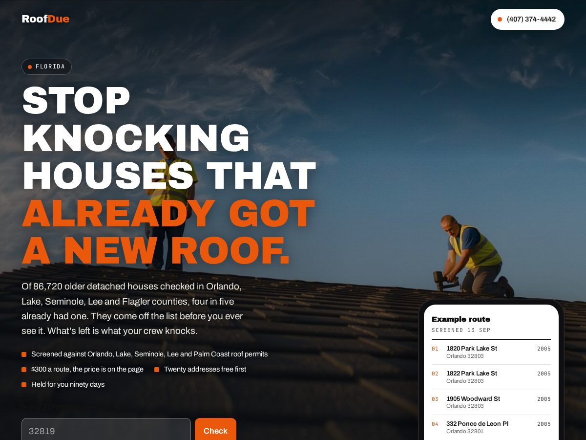Landing-page snapshot of roofdue.com