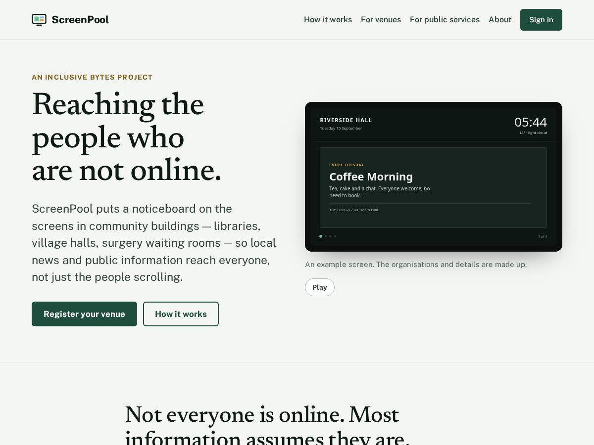 Landing-page snapshot of screenpool.net