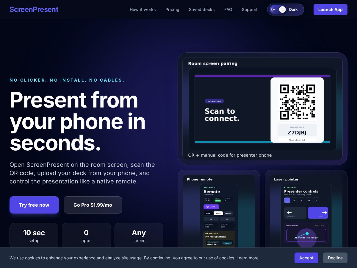 Landing-page snapshot of screenpresent.com