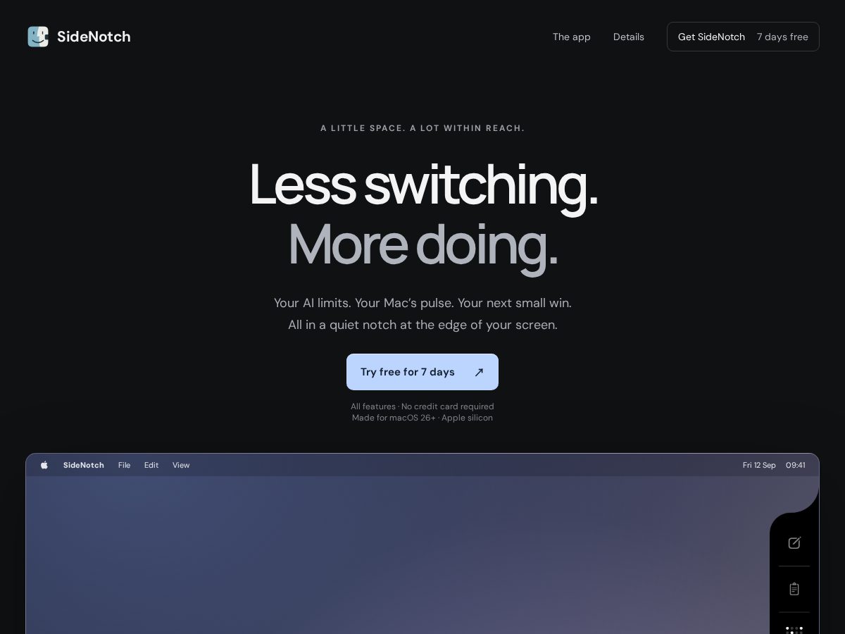 Landing-page snapshot of sidenotch.dev