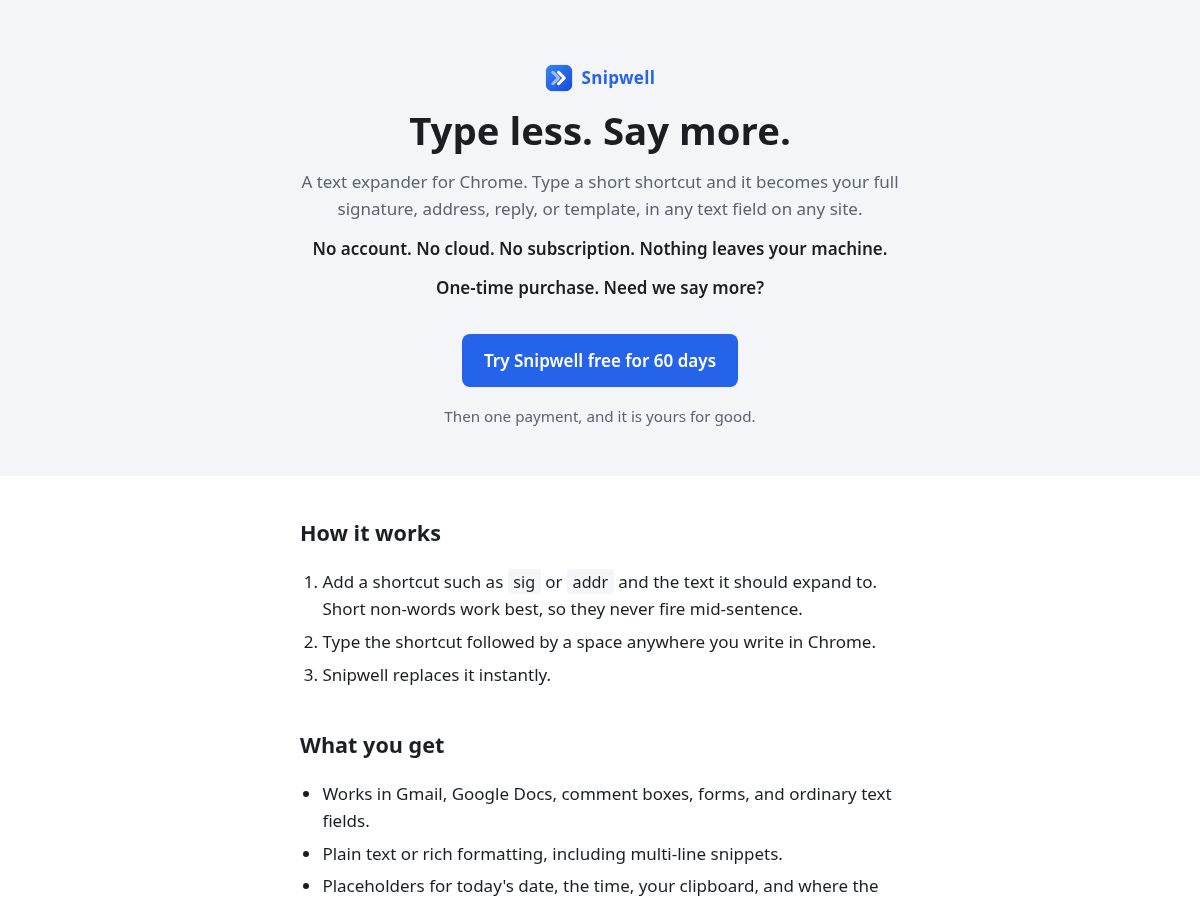 Landing-page snapshot of snipwell.fyi