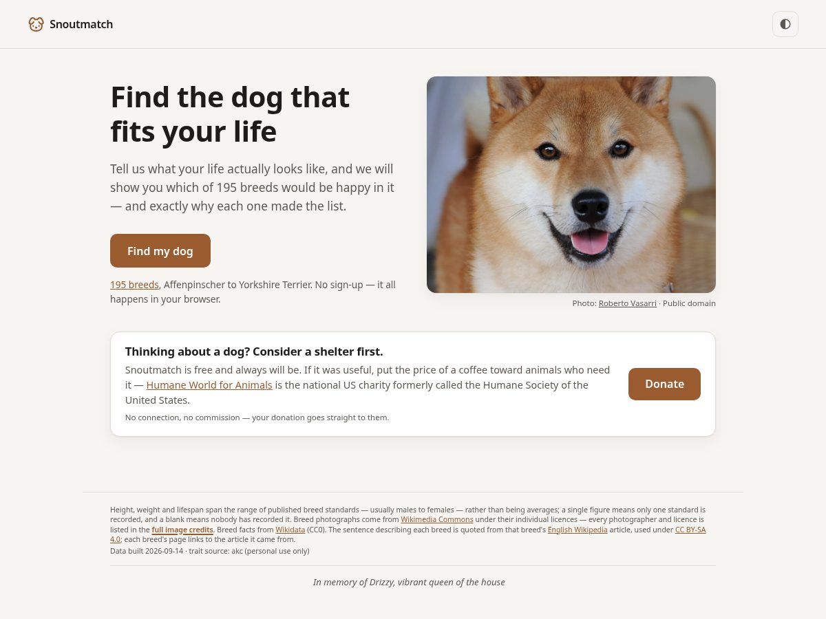 Landing-page snapshot of snoutmatch.com
