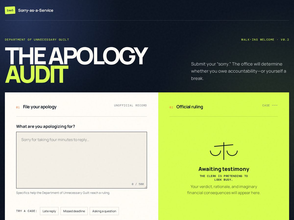 Landing-page snapshot of sorry-as-a-service.com