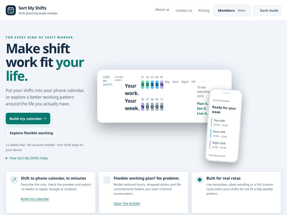Landing-page snapshot of sortmyshifts.com