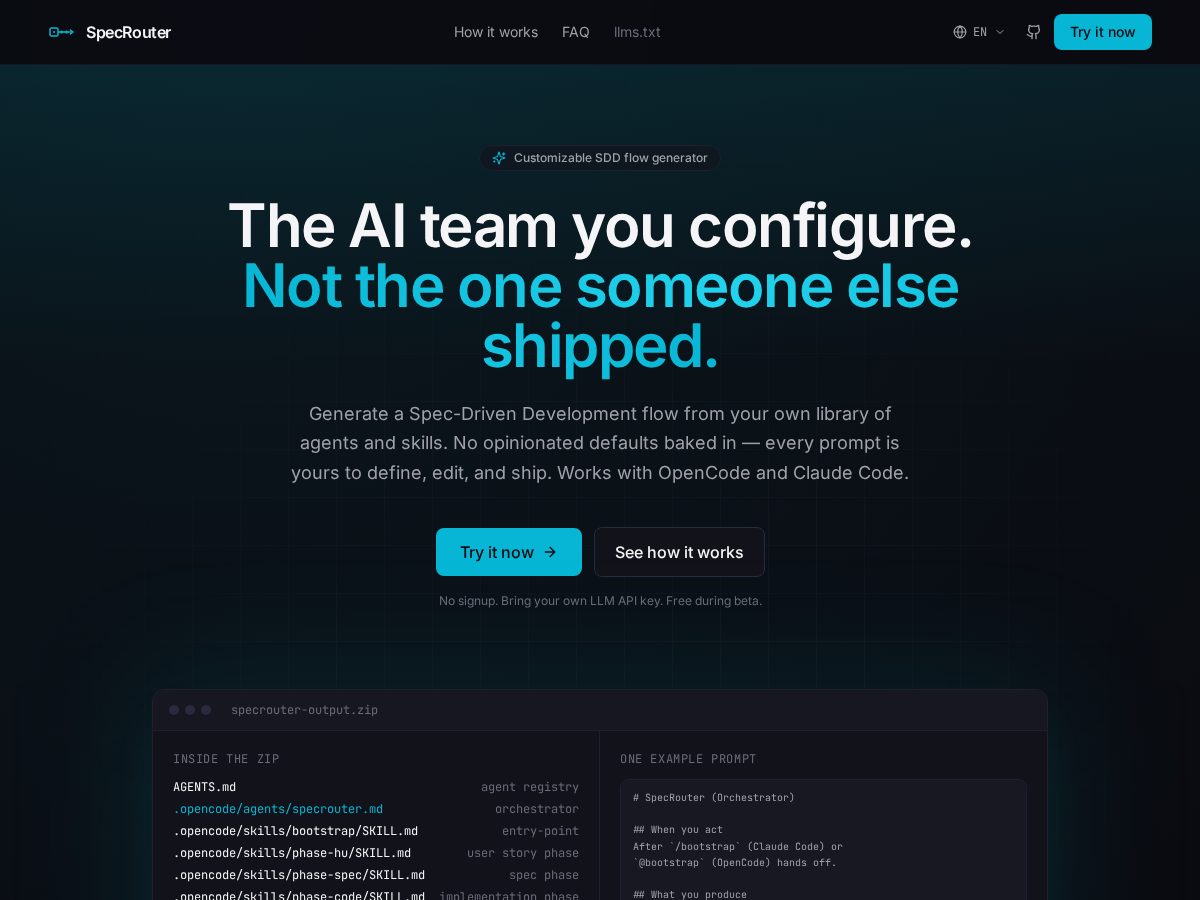 Landing-page snapshot of specrouter.dev