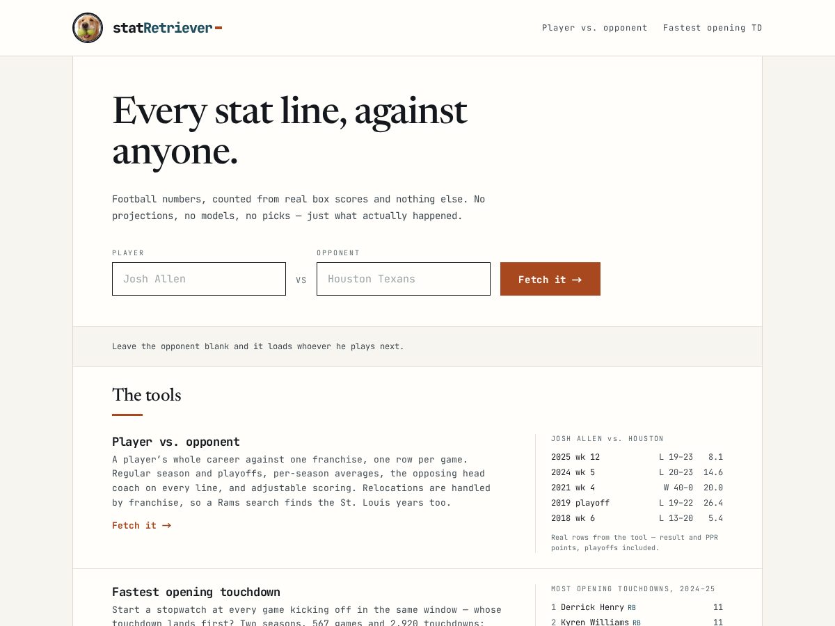 Landing-page snapshot of statretriever.com