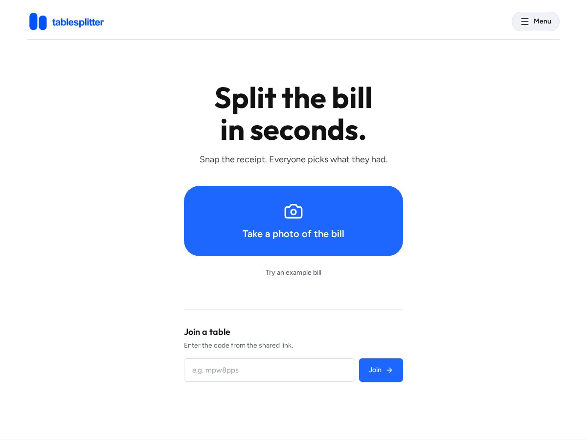 Landing-page snapshot of tablesplitter.com