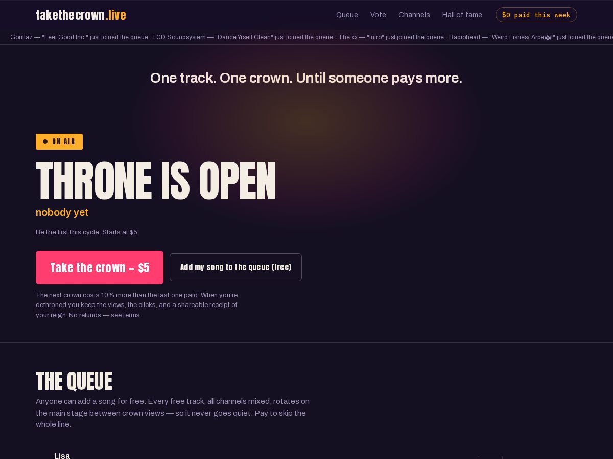 Landing-page snapshot of takethecrown.live