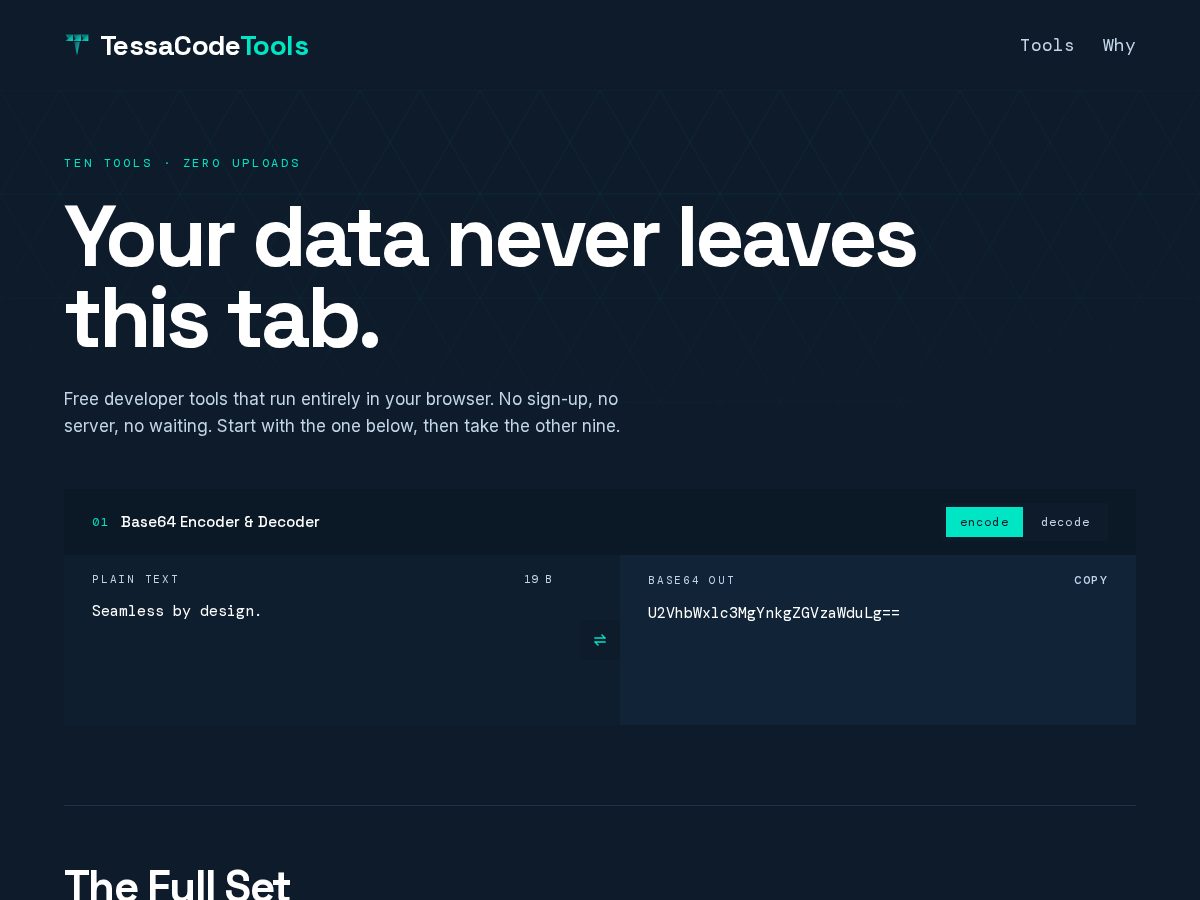 Landing-page snapshot of tessacodetools.dev