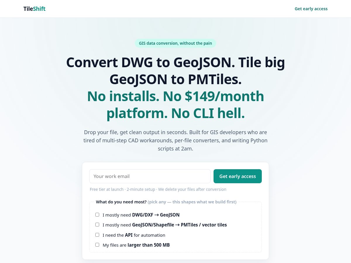 Landing-page snapshot of tileshift.dev