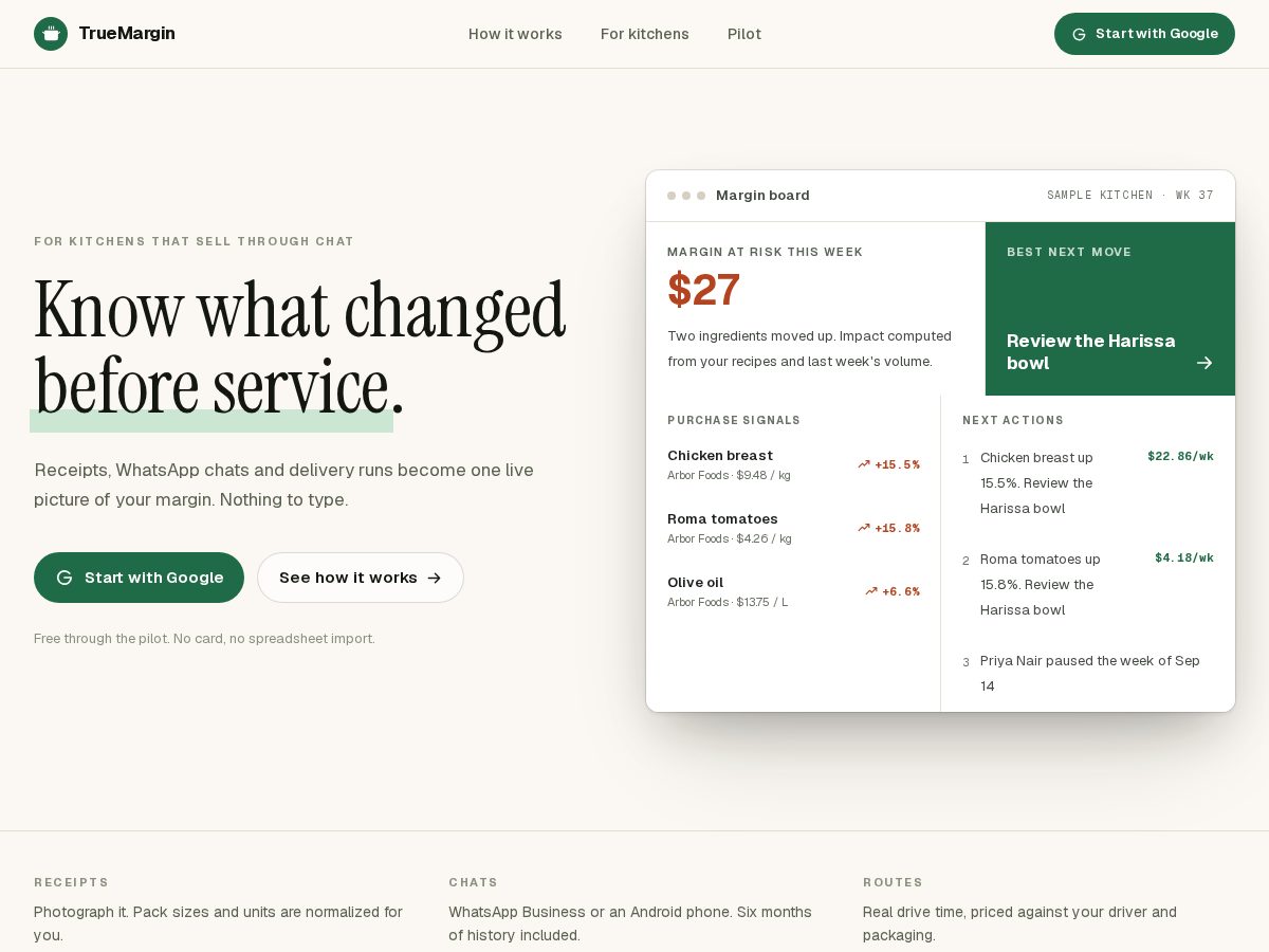Landing-page snapshot of truemargin.dev