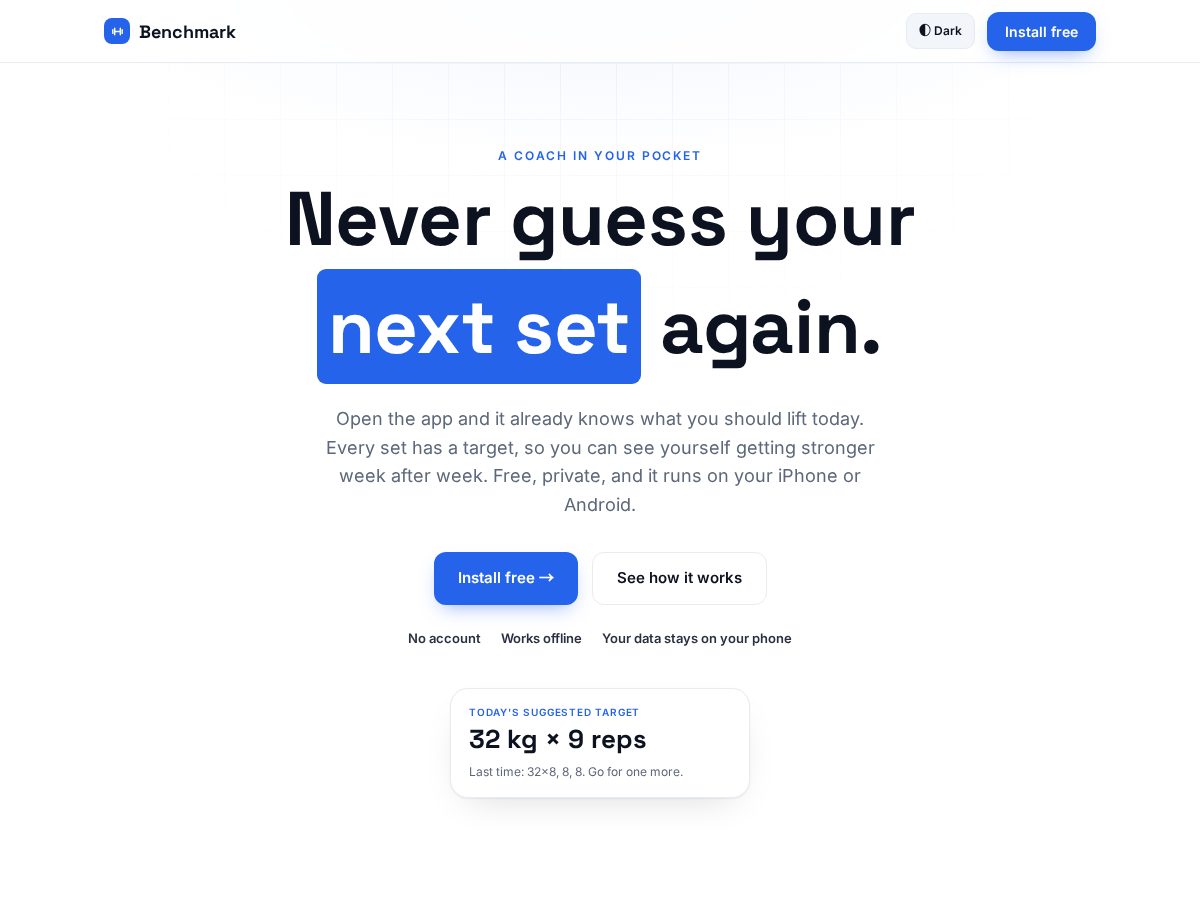 Landing-page snapshot of trybenchmark.app