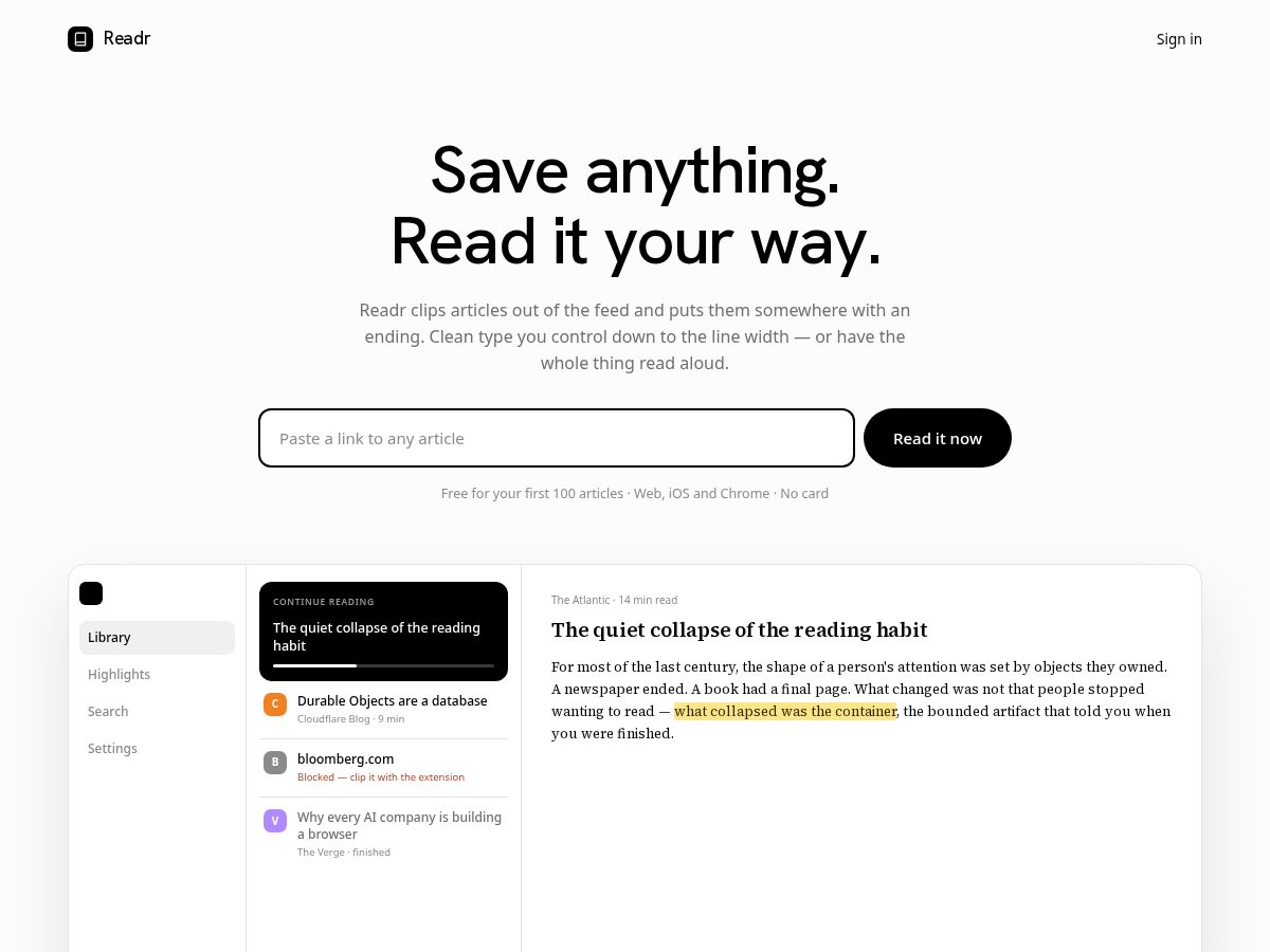 Landing-page snapshot of usereadr.com