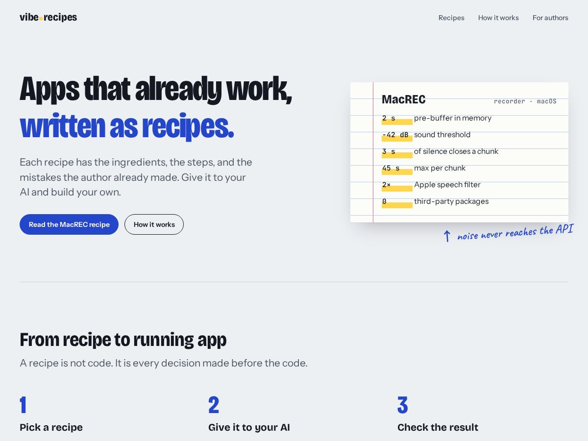Landing-page snapshot of vibe.recipes