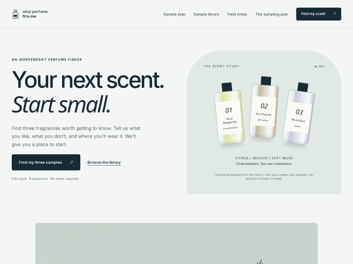 Landing-page snapshot of whatperfumefitsme.com