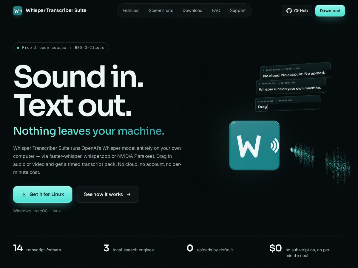 Landing-page snapshot of whisper-transcriber-suite.online