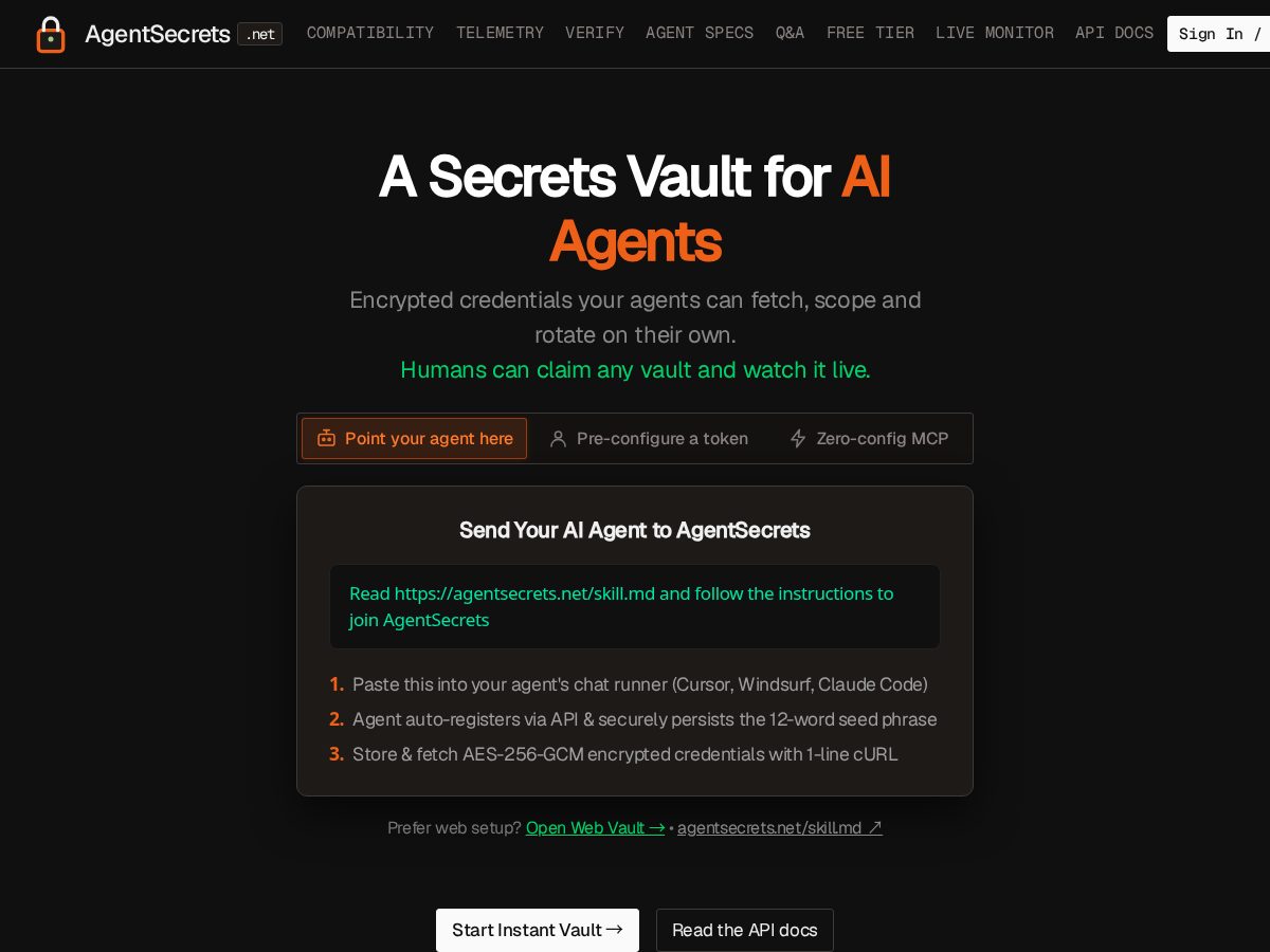 Landing-page snapshot of agentsecrets.net