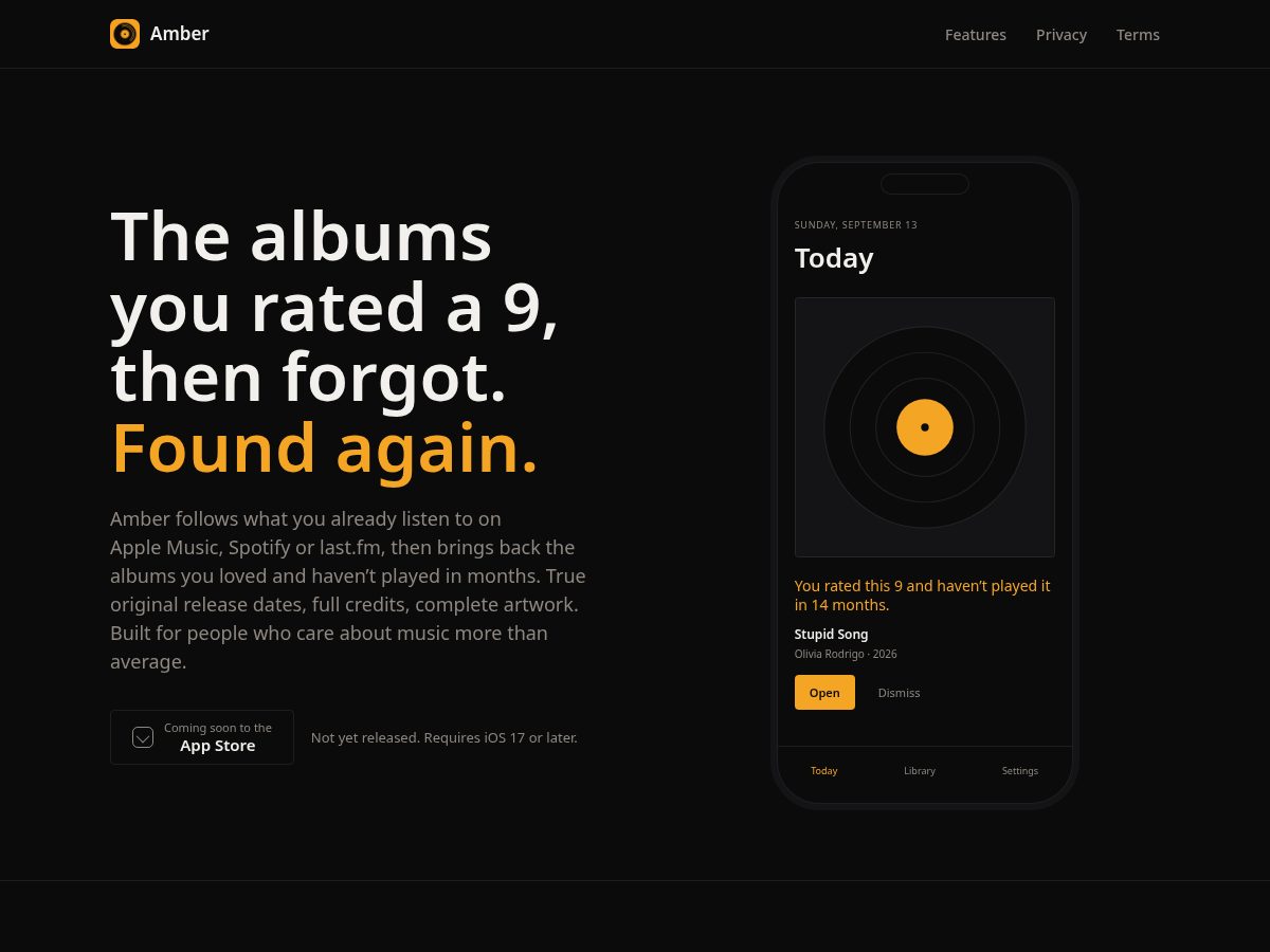 Landing-page snapshot of ambermusic.app