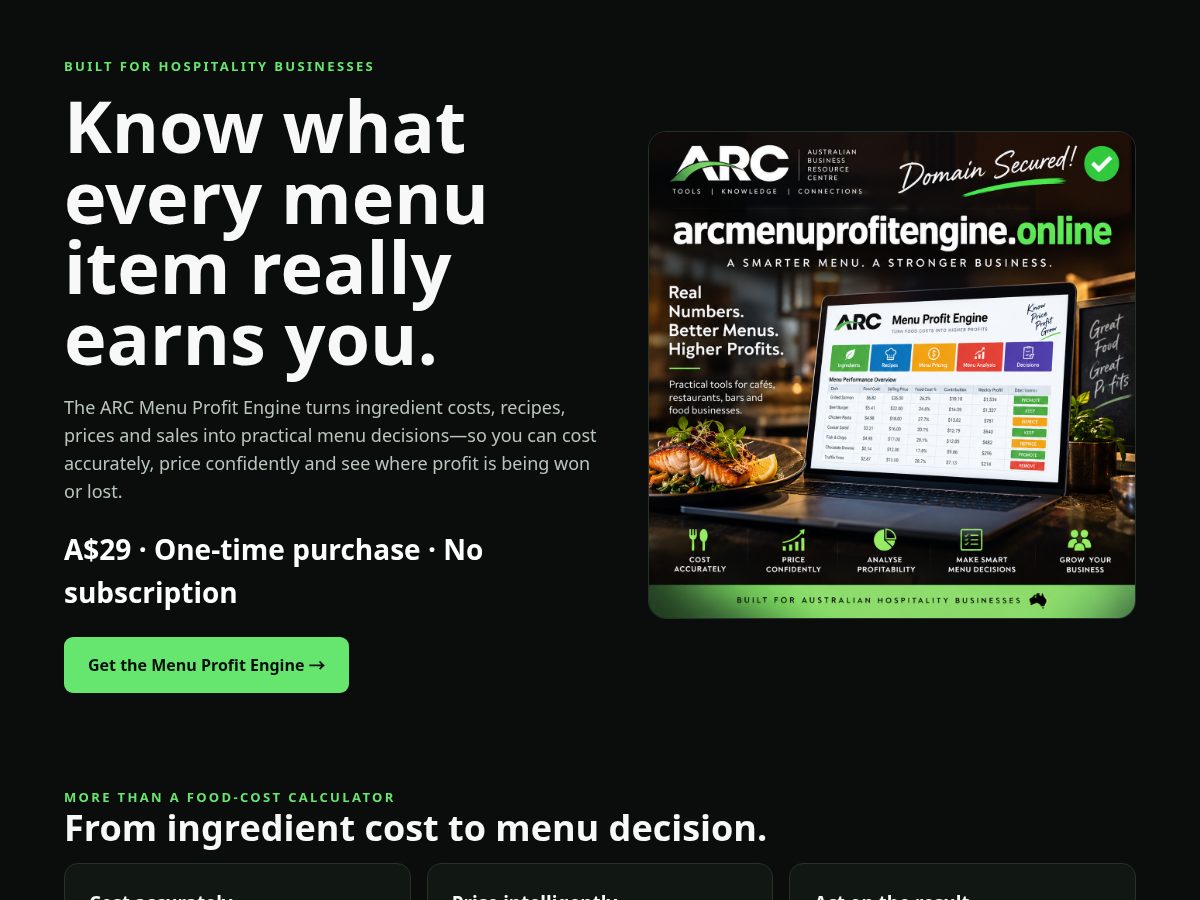 Landing-page snapshot of arcmenuprofitengine.online
