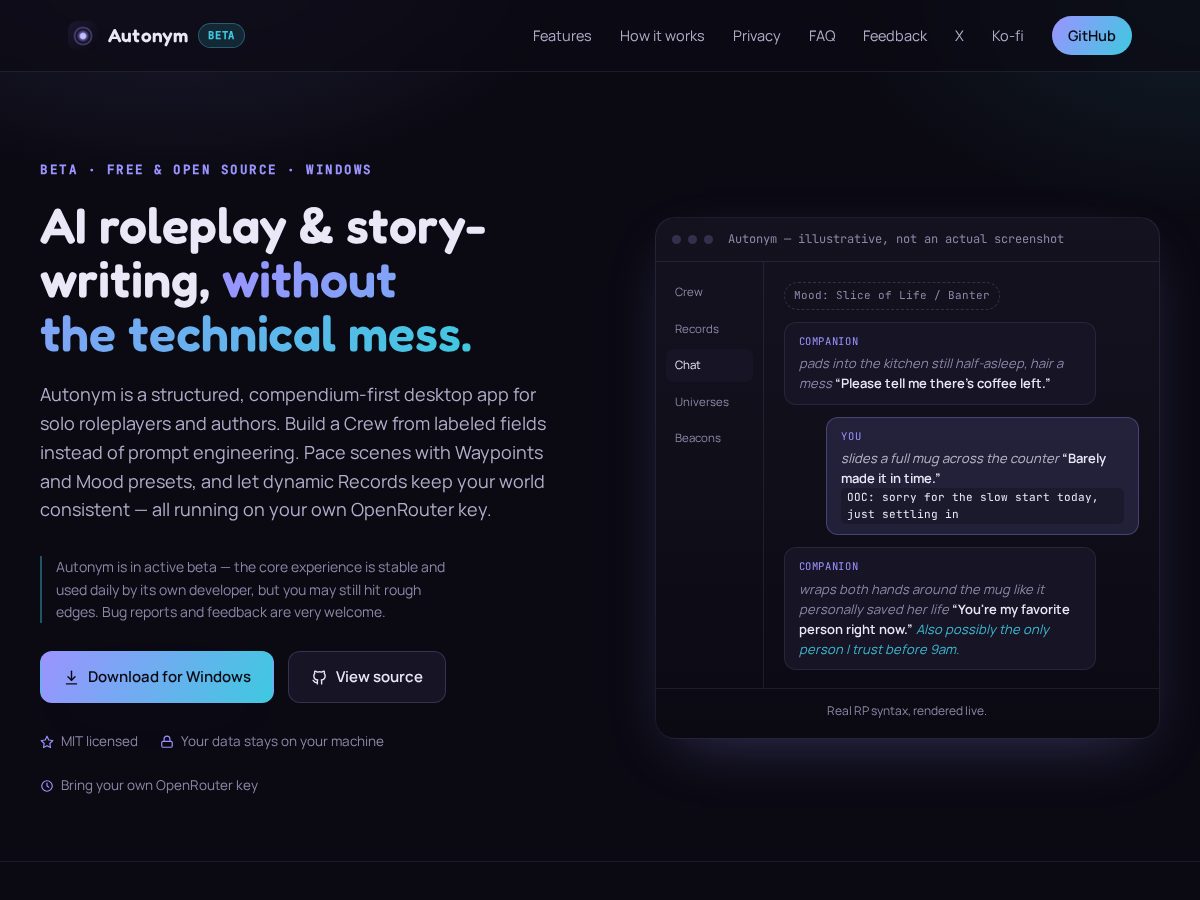 Landing-page snapshot of autonym.app